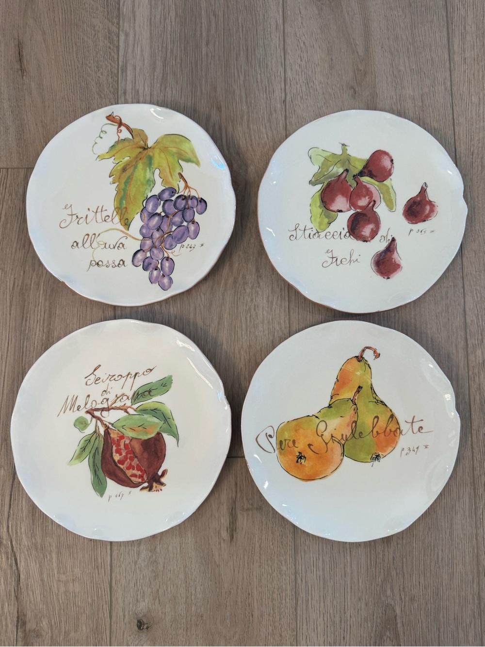 4 Crate & Barrel Verona Fruit Plates 9.25” Italy Pear Fig Grape Pomegranate